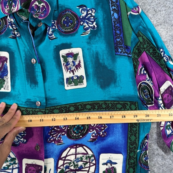 COMO Studio Vintage Artsy Hippie Tarot Print Shirt Teal Purple Rayon Size 6 - Picture 8 of 16